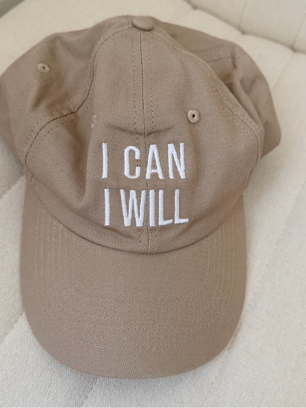 Beige 'I CAN I WILL' Embroidered Baseball Cap